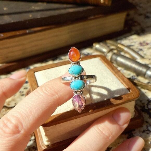 Southwestern Multi Turquoise & Carnelian Sterling Silver Ring Artisan Made Sz 8 - Picture 2 of 6